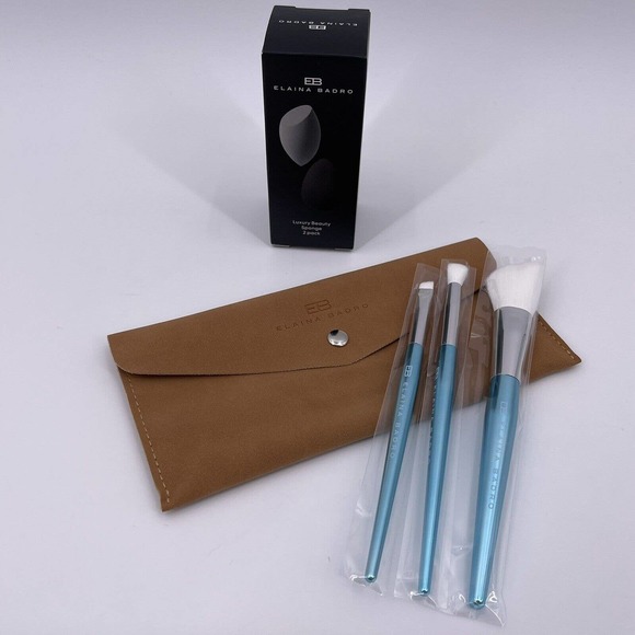Elaina Badro 3 Eye Makeup Brushes w Pouch 2 Piece Luxury Beauty Sponge Set NEW - Picture 1 of 11